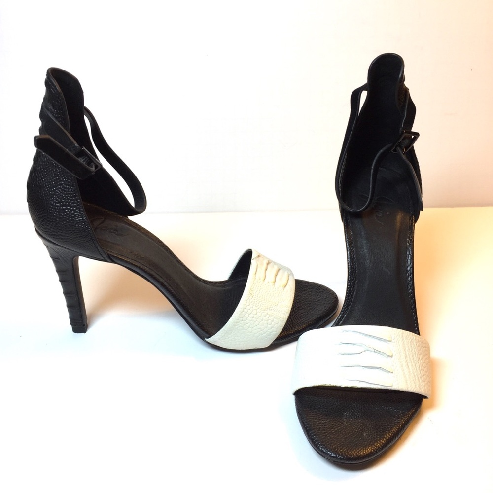 Joie Black White Textured Ankle Strap High Heel 7